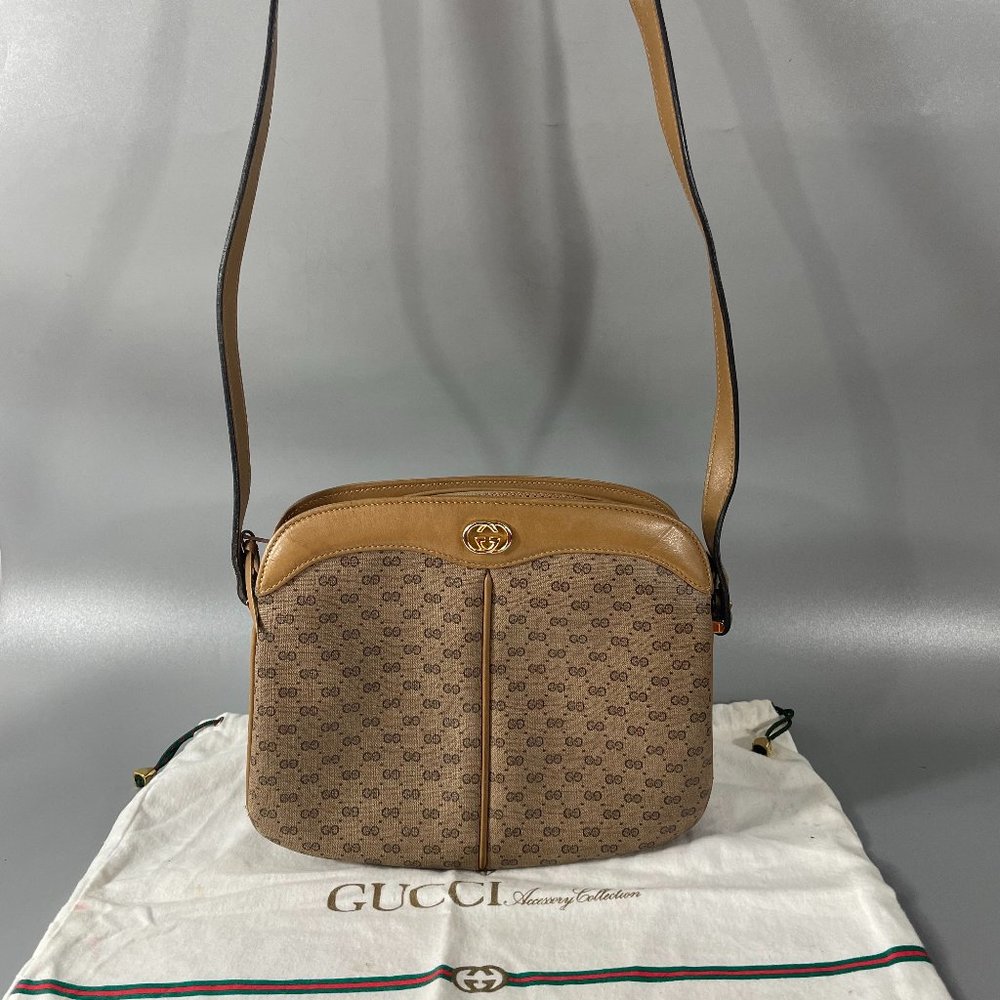 Vintage GUCCI 1980 Tan Micro GG  Monogram Coated Canvas Crossbody Handbag